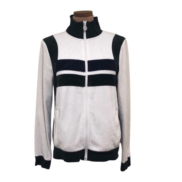 Tory Burch Track Jacket Size Large White Green Colorblock Velour - Picture 1 of 15